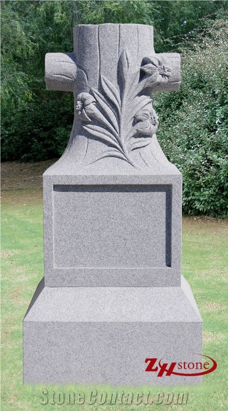 Good Quality Engraved Flowers Cross Upright Design Sesame White/ G603 Granite Tombstone Design/ Cross Tombstones/ Single Monuments/ Upright Monuments/ Engraved Headstones