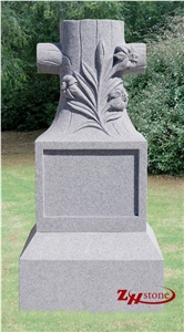 Good Quality Engraved Flowers Cross Upright Design Sesame White/ G603 Granite Tombstone Design/ Cross Tombstones/ Single Monuments/ Upright Monuments/ Engraved Headstones