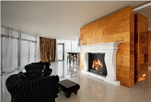 Bianco Limestone Fireplace Mantel, Golden Travertine Vein-Cut Tiles Wall Application