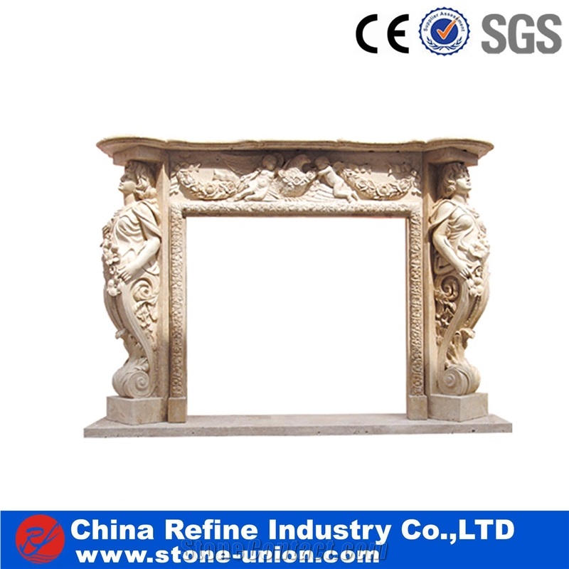 Marble Carved Indoor Fireplace Mantel, Marble Fireplace Surrounding, Fireplace Hearth