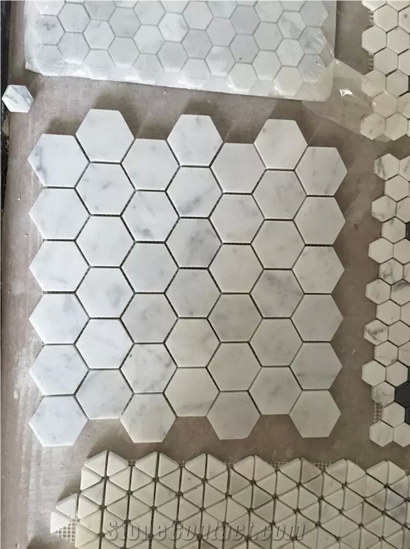 Carrara White Marble Hexagon Mosaic Tile, White Marble Wall/Floor Mosaic