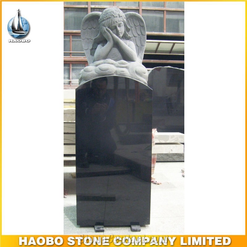Haobo Shanxi Black Granite Carved Weeping Angel Upright Headstone