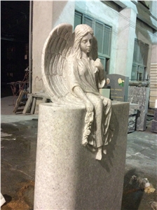 Pearl White Granite Headstone Carved Angel with Wings