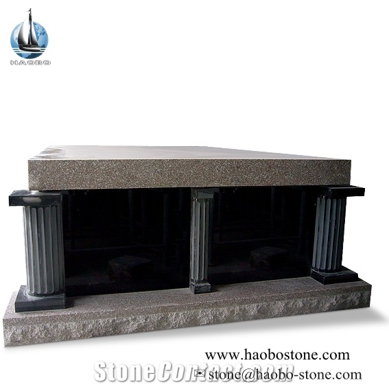 Two Crypts Pink Granite Mausoleum Crypts with Black Fluted Columns