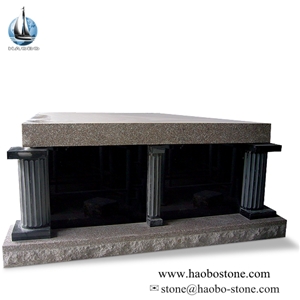 Two Crypts Pink Granite Mausoleum Crypts with Black Fluted Columns