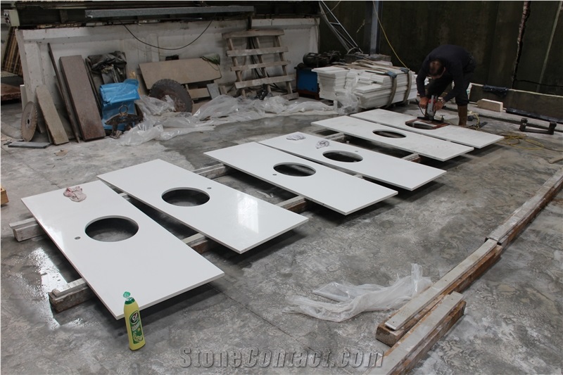 Pure White Quartz Stone Bathroom Vanity Top, Solid Surface Stone Bathroom Tops, Engineered Stone Bath Top