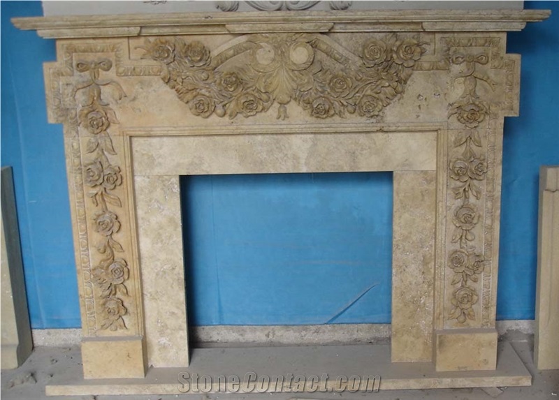 China Yellow Travertine Sculptured Fireplace