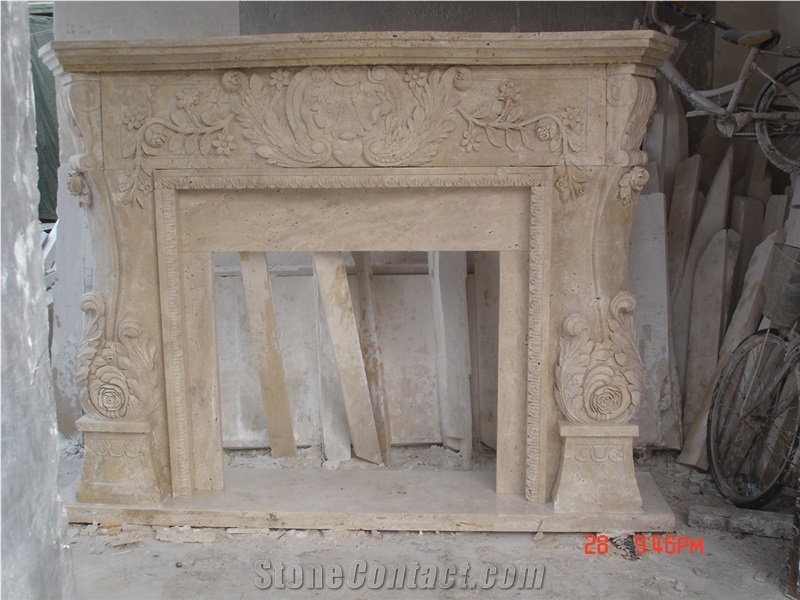 China Yellow Travertine Sculptured Fireplace