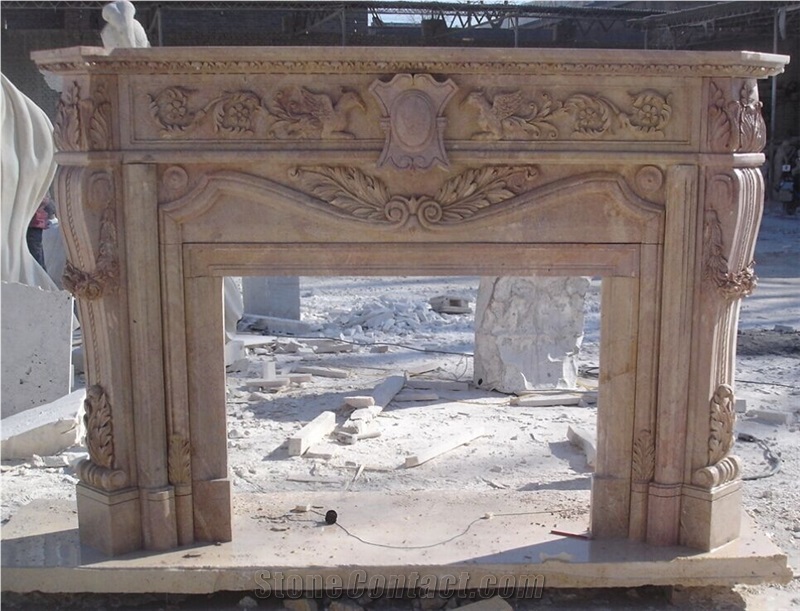 China Yellow Travertine Sculptured Fireplace
