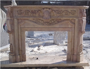 China Yellow Travertine Sculptured Fireplace