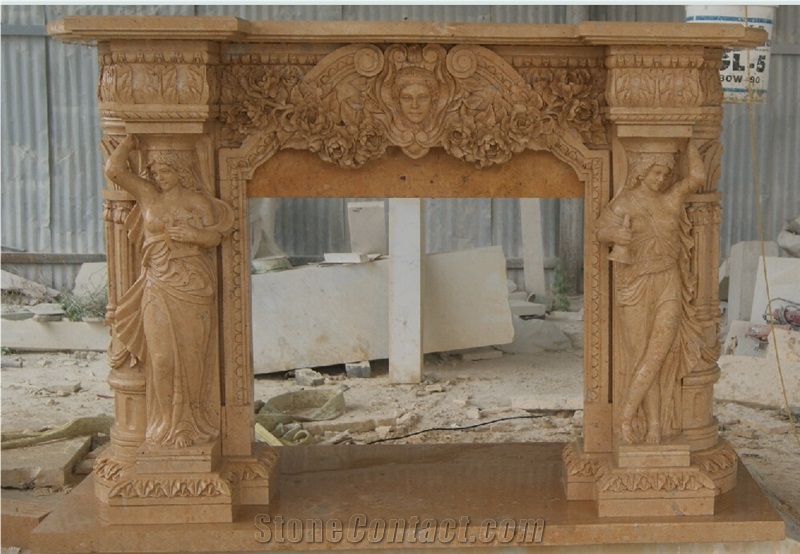 Handcarved China Yellow Limestone Fireplace Mantel