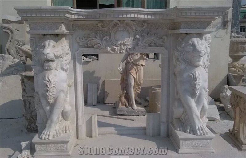 White Marble Modern Style Fireplace with Tigers Sculpture