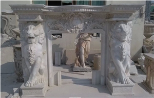 White Marble Modern Style Fireplace with Tigers Sculpture