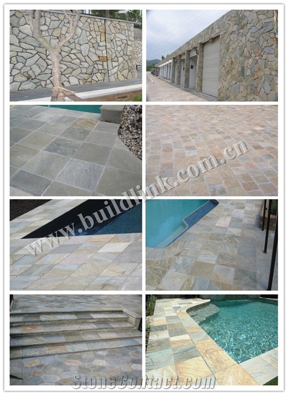 Multicolor Quartizite Walling and Flooring Tiles, China Yellow Quartzite French Pattern