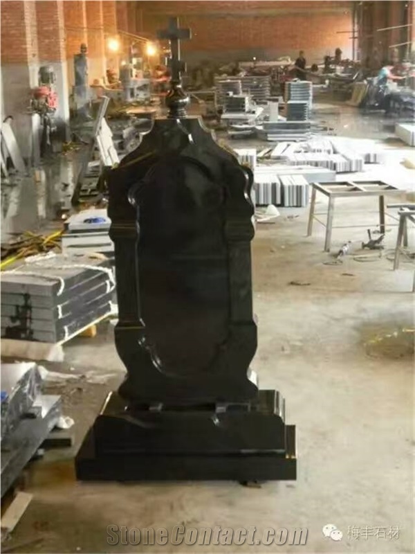 Shanxi Absolutely Black Grantie Tombstones Western Style Cross Headstone Monuments