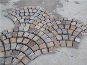 Fan Shaped Paving Stone on Mesh, Fan Shape Rust Slate Stone on Mesh,Rustic Brown and Multi Color Slate Meshed Fan Shape Paving Stone,Cobble and Cube Stone on Meshed