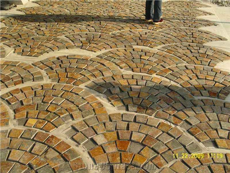 Fan Shaped Paving Stone on Mesh, Fan Shape Rust Slate Stone on Mesh,Rustic Brown and Multi Color Slate Meshed Fan Shape Paving Stone,Cobble and Cube Stone on Meshed