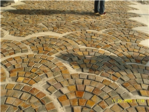 Fan Shaped Paving Stone on Mesh, Fan Shape Rust Slate Stone on Mesh,Rustic Brown and Multi Color Slate Meshed Fan Shape Paving Stone,Cobble and Cube Stone on Meshed