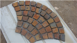 Fan Shaped Paving Stone on Mesh, Fan Shape Rust Slate Stone on Mesh,Rustic Brown and Multi Color Slate Meshed Fan Shape Paving Stone,Cobble and Cube Stone on Meshed