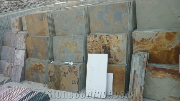 Natural Split Slate Tile, China Yellow Slate, Square Rusty Slate Tiles for Outdoor Decoration, Cheap Rusty Slate & Culture Stone Tiles Made in China