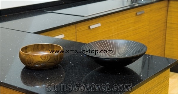 Black Grain Quartz Kitchen Countertop, Artificial Quartz Tops, Engineered Quartz Stone Countertop, Black Sparkle, Fabrication&Island Top&Bench Top&Custom Countertops
