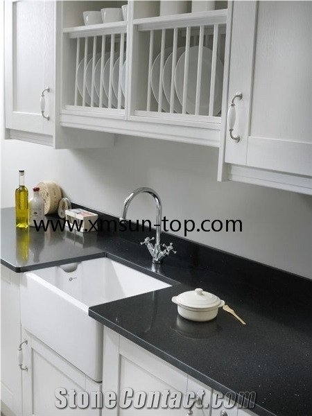 Black Grain Quartz Kitchen Countertop, Artificial Quartz Tops, Engineered Quartz Stone Countertop, Black Sparkle, Fabrication&Island Top&Bench Top&Custom Countertops