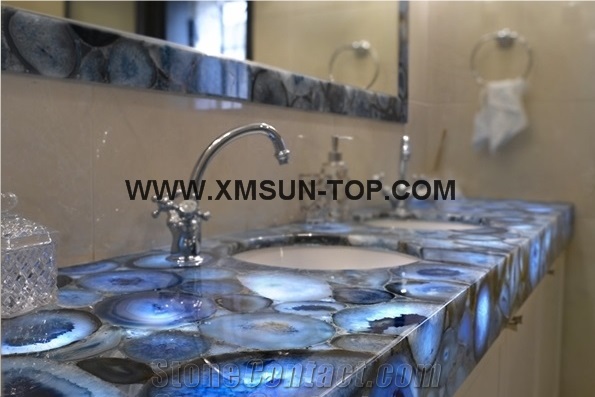 Blue Agate Semiprecious Stone Bathroom Countertop/Blue Semi Precious Stone Custom Vanity Tops