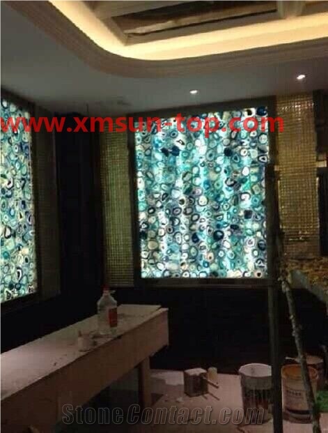 Blue Agate Translucent Stone Walling, Semi-Precious Stone Interior Walling, Blue Agate Transmittance Stone Blackground Wall, Semi Precious Stone, Interior Decoration, Gemstone Slab for Wall Covering