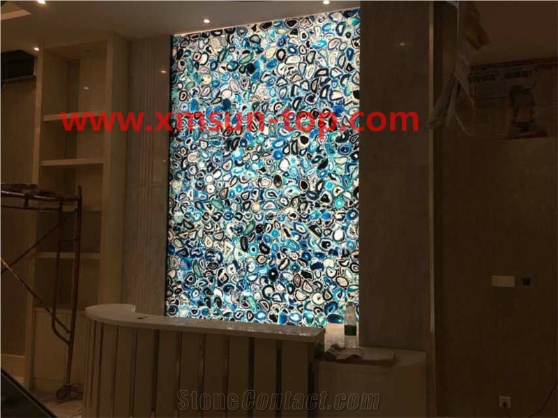 Blue Agate Translucent Stone Walling, Semi-Precious Stone Interior Walling, Blue Agate Transmittance Stone Blackground Wall, Semi Precious Stone, Interior Decoration, Gemstone Slab for Wall Covering