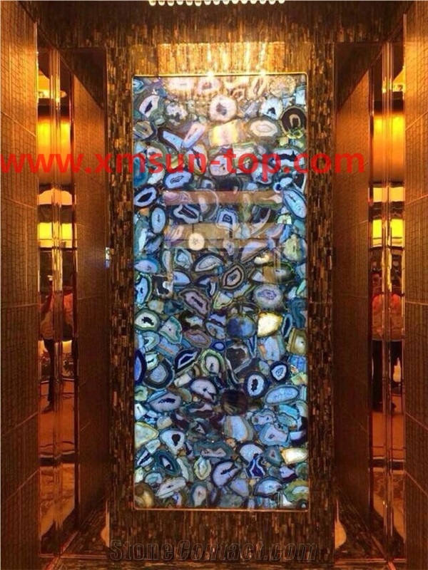 Blue Agate Translucent Stone Walling, Semi-Precious Stone Interior Walling, Blue Agate Transmittance Stone Blackground Wall, Semi Precious Stone, Interior Decoration, Gemstone Slab for Wall Covering
