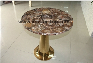 Brown Petrified Wood Semiprecious Stone Table Top Design/Brown Semiprecious Stone Reception Counter/Brown Stone Reception Desk/Semi-Precious Work Tops/Brown Stone Tabletops/Round Table Tops