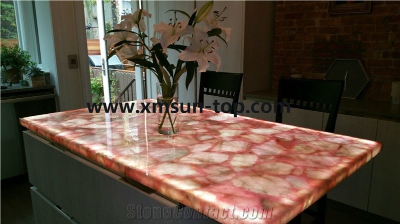 Pink Semi Precious Stone Table Top Design/Pink Semiprecious Stone Reception Counter/Pink Stone Reception Desk/Semi-Precious Work Tops/Pink Stone Tabletops/Square Table Tops