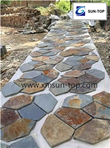Random Flagstone Paving Stone, China Multicolor Slate Flagstone, Slate Paving on Mesh, Slate Net Paste, China Rustic Slate Random Flagstone Pavers,Floor Paving, Walkway Pavers