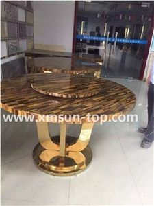 Yellow Tiger Eye Semi-Precious Stone Table Tops/Dark Yellow Semiprecious Stone Reception Desk/Agate Work Top/Round Table Tops/Solid Surface Table Tops/Polished Desktops/Interior Stone