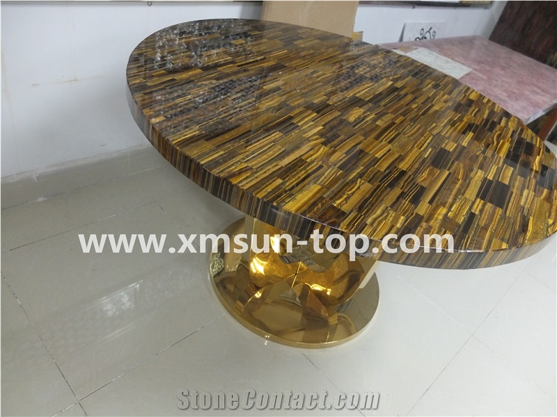 Yellow Tiger Eye Semi-Precious Stone Table Tops/Dark Yellow Semiprecious Stone Reception Desk/Agate Work Top/Round Table Tops/Solid Surface Table Tops/Polished Desktops/Interior Stone