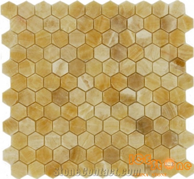 Honey Onyx Chinese Yellow Onyx Hexagon Mosaic, Polished Onyx Mosaic Tiles, Wall and Floor Decoration Materials, Hotel & Home Bathroom Building Stone