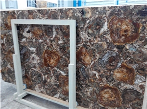 Natural Luxury Petrified Wood Semi Precious Stone Slab Composite Full Brown Gemstone Tiles for Villa Interior Bar Decoration