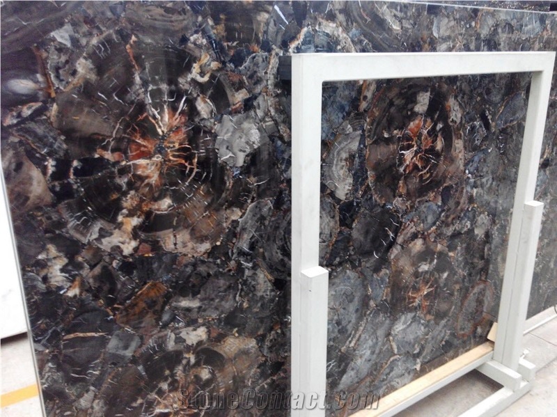 Natural Luxury Petrified Wood Semi Precious Stone Slab Composite Full Brown Gemstone Tiles for Villa Interior Bar Decoration