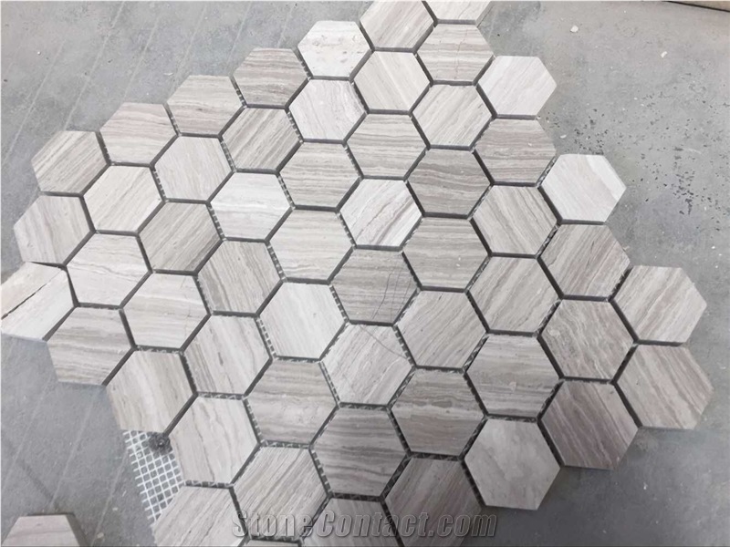 White Wood Marble Chenille Mosaic Tiles/ Hexagonal 1 Inch/ Customized Size Design/ Polished Surface Garden & Balcony Kitchen Marble and Glass Mosaic