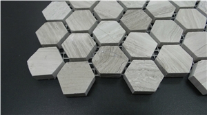 White Wood Marble Chenille Mosaic Tiles/ Hexagonal 1 Inch/ Customized Size Design/ Polished Surface Garden & Balcony Kitchen Marble and Glass Mosaic