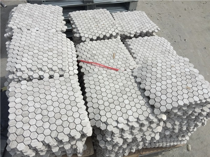 White Wood Marble Chenille Mosaic Tiles/ Hexagonal 1 Inch/ Customized Size Design/ Polished Surface Garden & Balcony Kitchen Marble and Glass Mosaic