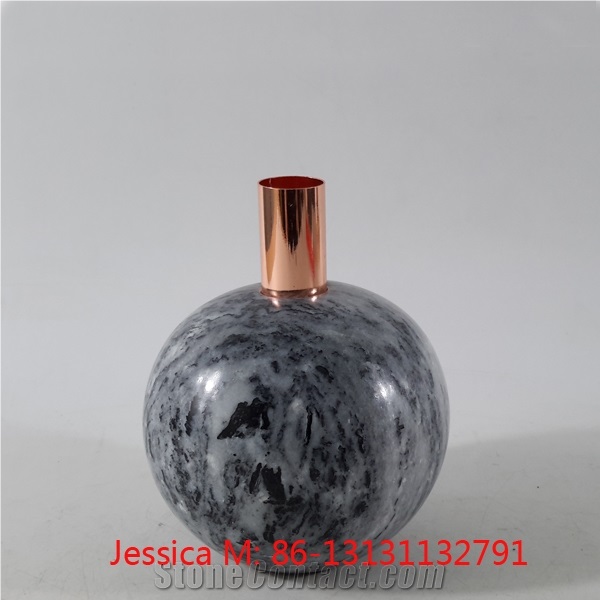 Ball Shape Marble Stone Candle Holder with Golden Pipes