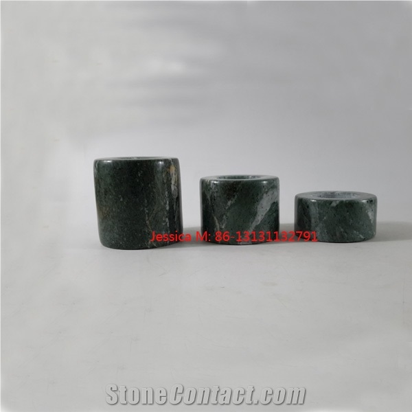 Cylinder Shape Green Marble Stone Tealight Candle Holders Set Of 3