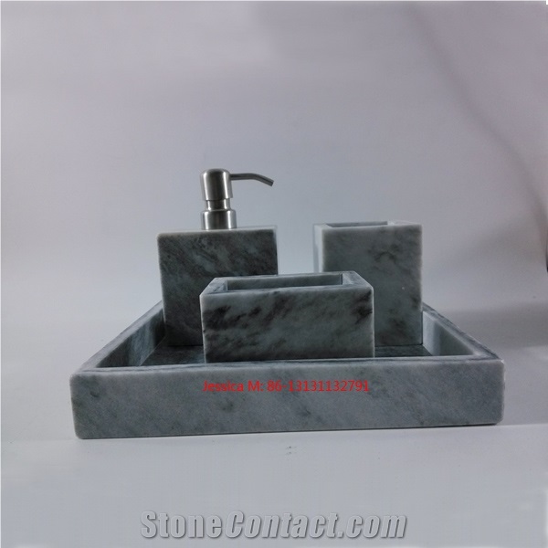 Square Grey Marble Tray /Square Grey Marble Soap Dispenser /Square Grey Marble Toothbrush Holder /Square Grey Marble Tumbler /Square Marble Bathroom Accessory Set