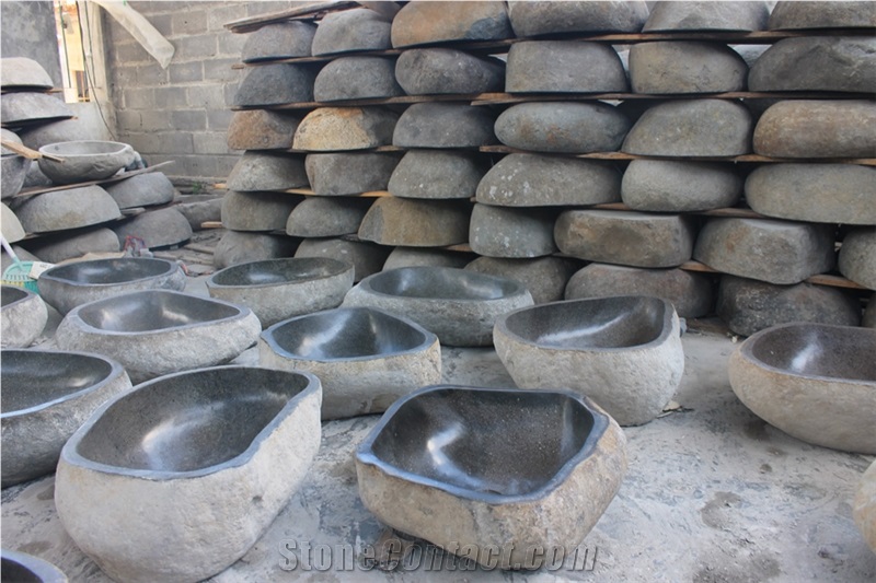 Bathroom Wash Oval Basins, Indonesia River Natural Stone Grey Stone Wash Basin, Pebbles Round Wash Basin