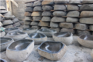 Bathroom Wash Oval Basins, Indonesia River Natural Stone Grey Stone Wash Basin, Pebbles Round Wash Basin