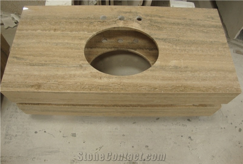 Silver Beige Travertine, Travertino Montemerano Polished Bath Countertop, Vanity Top with Beveled Edge, China Cheap Travetine Countertops