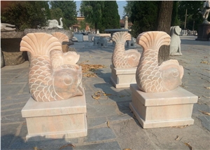 Hand Carved Stone Animal for Decoration in Garden, Sunset Marble Stone Carved Fish