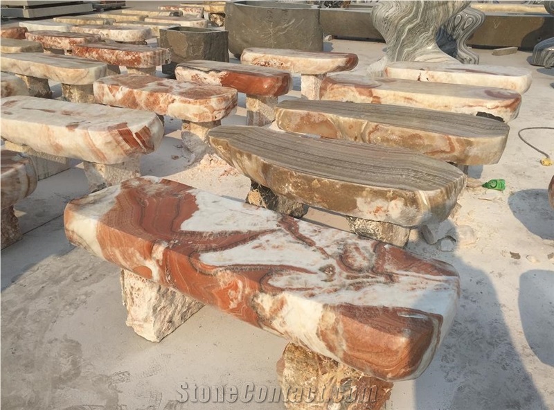 Highly Polished Marble Stone Bench and Table in Garden , Landscaping