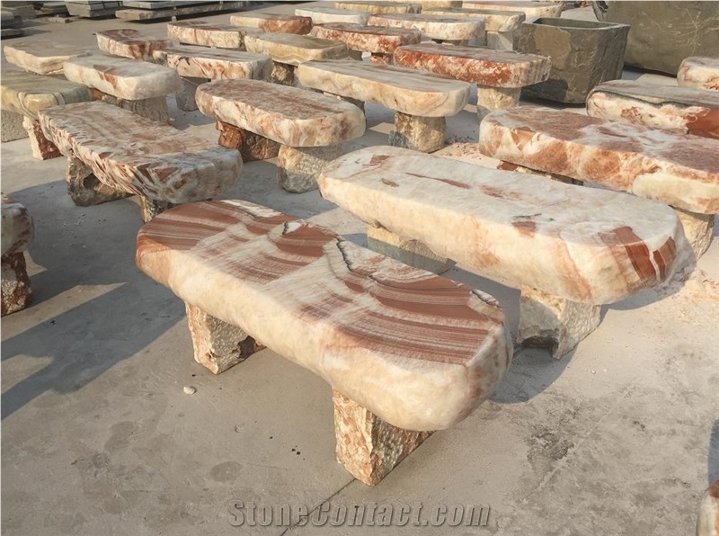 Highly Polished Marble Stone Bench and Table in Garden , Landscaping